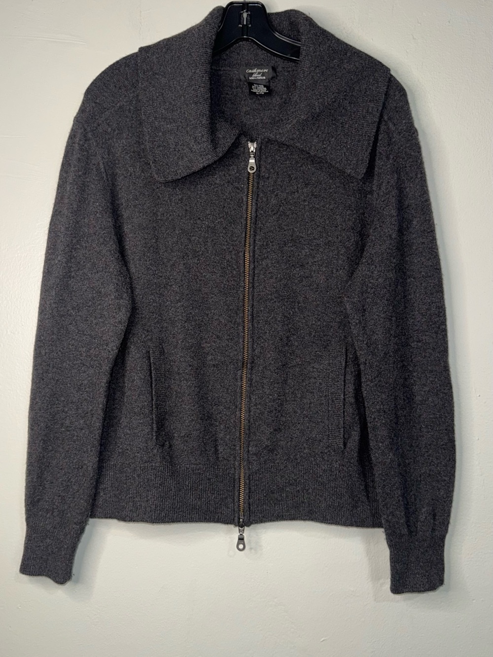Lord & Taylor Wool & Cashmere Charcoal Gray Zip-Front Knit Cardigan